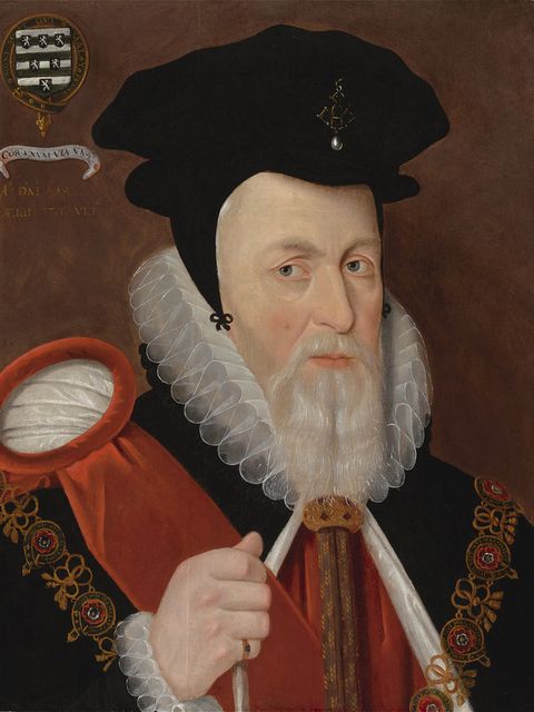 William Cecil in a black cap and red robe, holding his white staff of office
