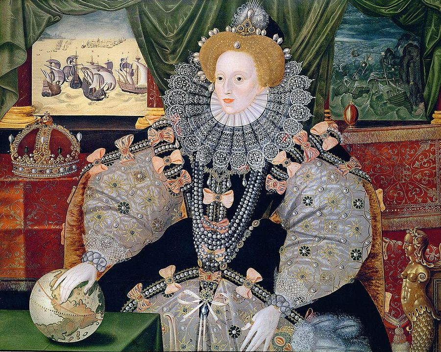 The Armada Portrait: Elizabeth in a pearl-covered gown, her hand on a globe, with ships behind her