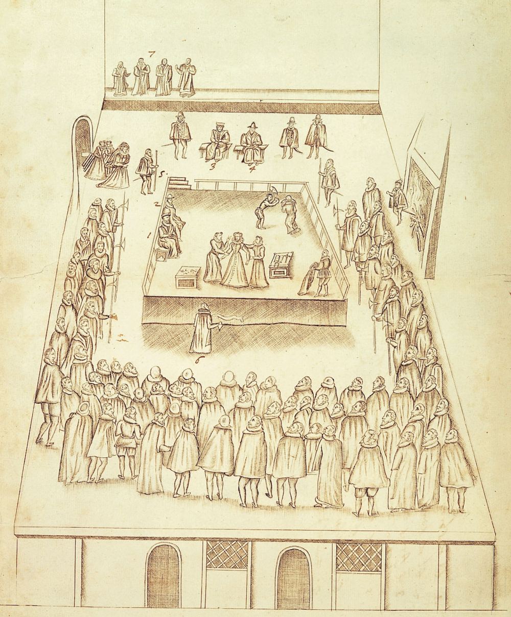 A pen-and-ink drawing of the great hall at Fotheringhay, seen from above, with the scaffold in the centre and rows of onlookers