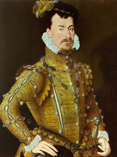 Robert Dudley in a gold doublet and feathered hat