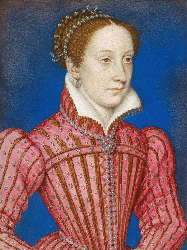 Young Mary in a rose-pink gown with a high white collar
